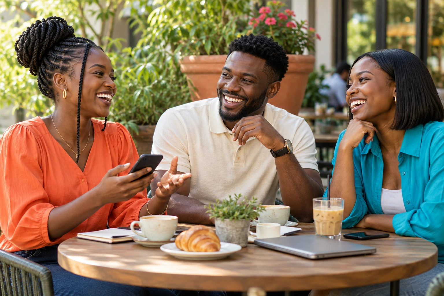 Friends sharing plans and a laugh around a cafe table
