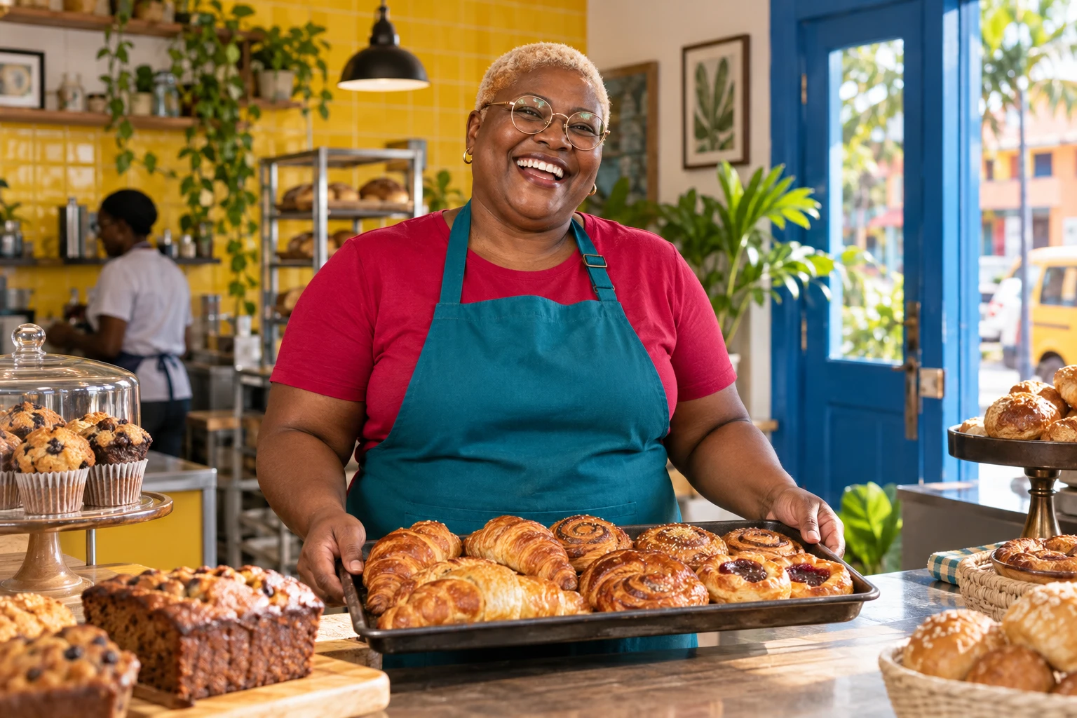 A smiling bakery owner with a blonde buzz cut presenting freshly baked pastries