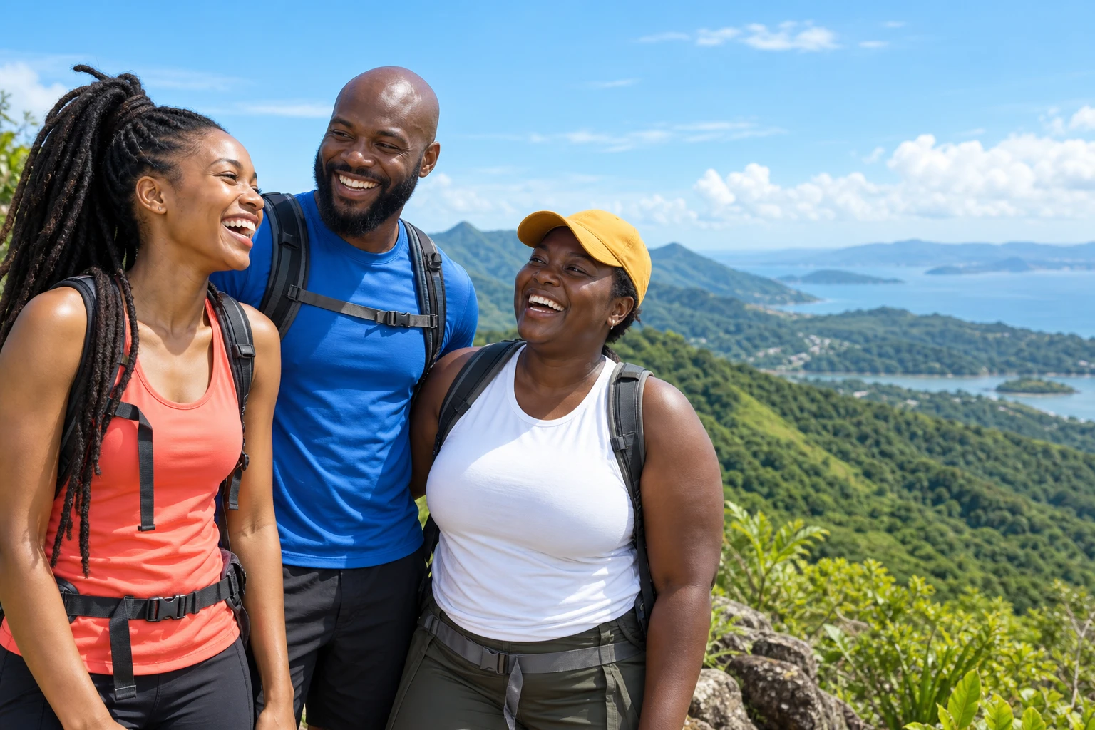Three friends sharing a sunny moment at a hiking viewpoint