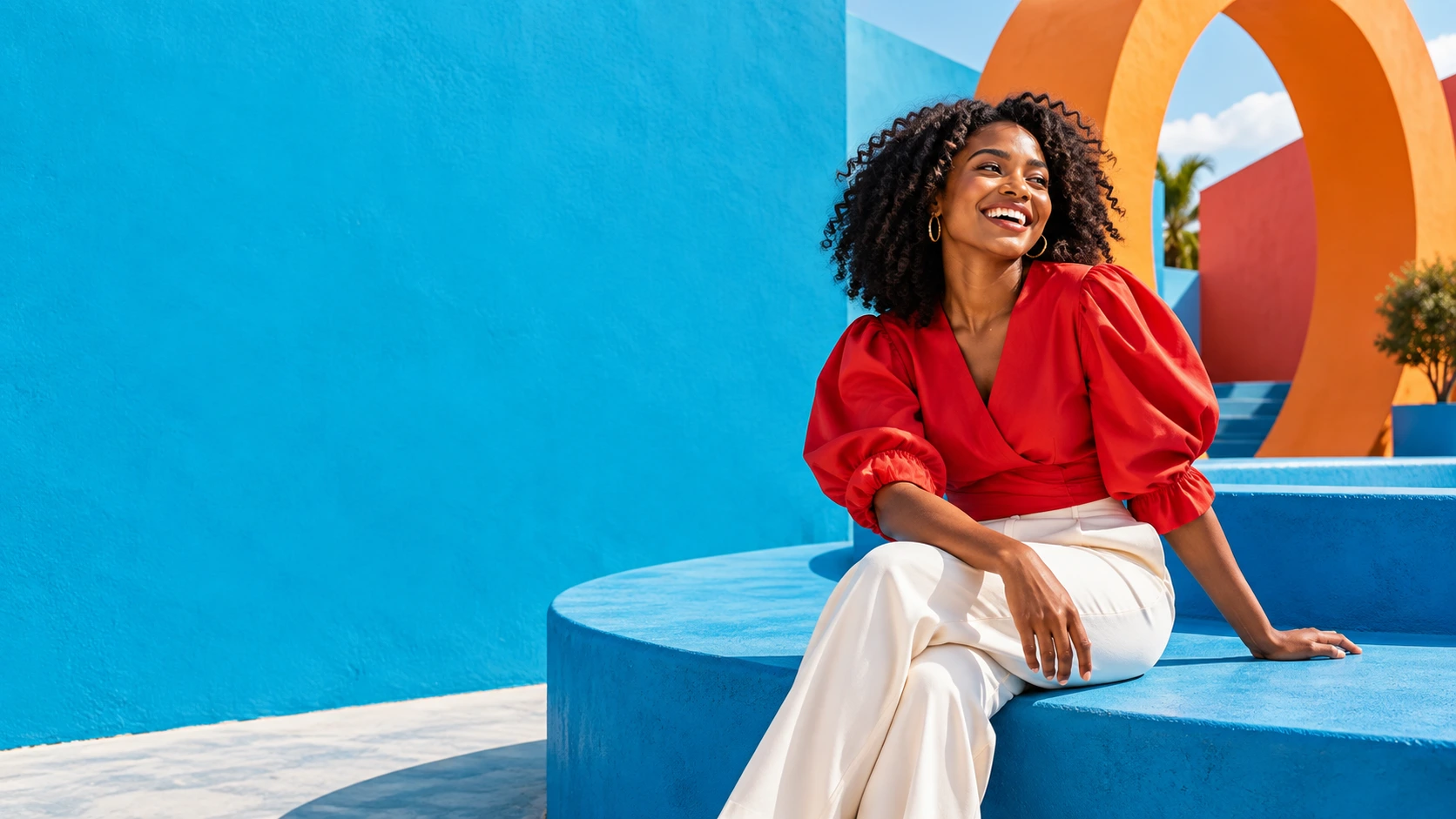 A smiling woman in a bright red blouse enjoying a sunlit blue and orange courtyard