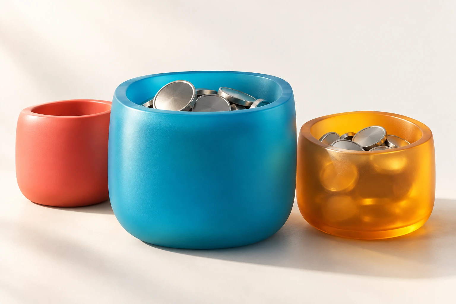 Bold blue, coral and amber vessels with money held in separate places